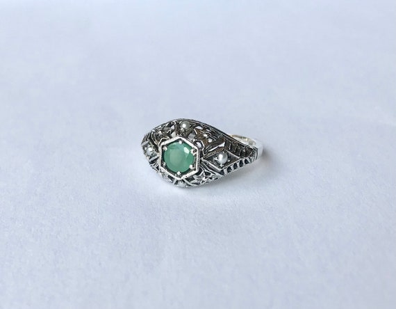 Natural Emerald Pearl Filigree Ring // Solid Ster… - image 1