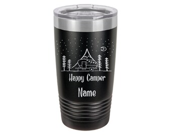 Happy Camper Trailer Personalized Tumbler | Camping Gift, Customizable 20oz Engraved Metal Cup, Outdoorsy Gift, Camping Accessories