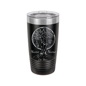 May include: Black stainless steel tumbler with a white tree of life design inside a circle. The text "Name Est. Year" is below the design.