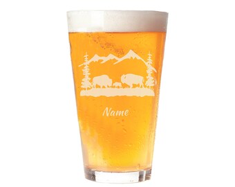 Personalized Buffalo Pint Glass: Sand Engraved Bison Hunting Gift