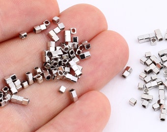 50 Pcs 2 mm Mini Cube Beads , Silver Brass Tubes , Mini Tube Beads , Solid Brass Beads , Spacer Beads SLVR-79
