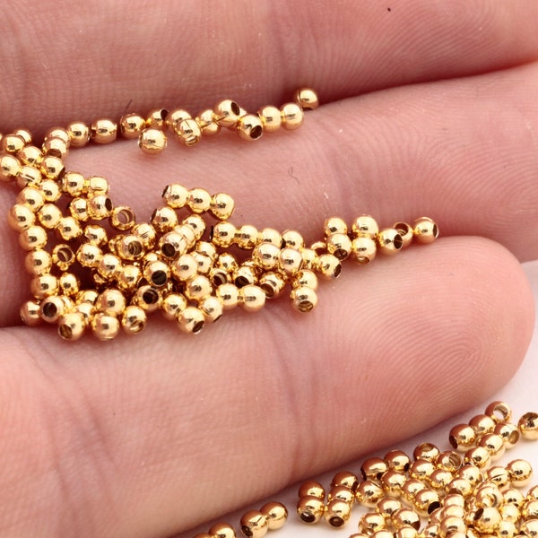 50 Pcs 2mm 24k Perles d’or brillant, Perles spacer, perles creuses, perles minuscules, perles bracelet, perles de boule, résultats plaqués or, GLD-266