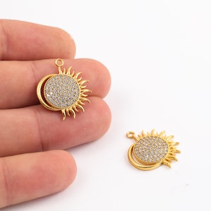 24k Gold Plated Sun Charm, Zircon Sun Pendant, Pave Sun Jewelry Making, Celestial Necklace Charm, Gold Plated Findings 20x24mm ZRK-961