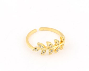 Anillo de hoja de micro pavimento chapado en oro brillante de 24k, anillo ajustable, anillo de micro pavimento ajustable, regalo para sus anillos, anillos de pareja, anillos CZ, DSR-91