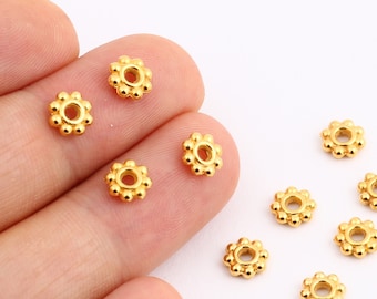 Perles d’espaceur de fleur,25 Pcs 5mm 24k Perles brillantes de rondelle d’or, perles d’espaceur, perles d’espaceur de fleur, mini charmes ronds-GLD-81