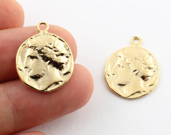 24k Shine Gold Plated Greek Coins , Antique Greek Coins , Medallion ,Gold Plated Charms ,Charms Pendant. Necklace Findings , 18x22 mm-GLD-63