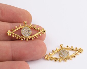 18x33mm CZ Evil Eye Charm – 24k Shiny Gold Plated Medallion – Micro Pave Zircon Pendant for Necklace – Jewelry Findings GLD-945