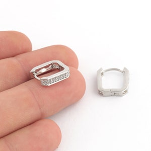 1 Pair 14mm Rhodium Plated Cz Square Earring, Cz Square Hoops, Rhodium plated Cz Earrings, Earring Findings, Square Hoops, EAR-382