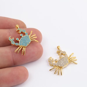 24k Gold Plated Crab Charms, CZ Crab Pendant,Nautical Ocean Pendant for Necklace, Gold Plated Findings, Jewelry Making, 25x28mm ZRK-954