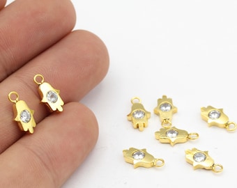 7x12mm 24k Shiny Gold Hamsa, Conector de Pulsera, CZ Hamsa Charms, Micro Pave Hamsa, Medallion, CZ Charms ZRK-403