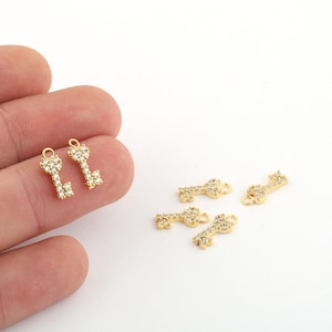 1 Pcs 5x13mm 24k Shiny Gold Plated Key Pendant ,CZ Key Charms , Mini Cz Jewelry , Tiny Key Zircon Charms , Cubic Zirconia Charms ZRK-667