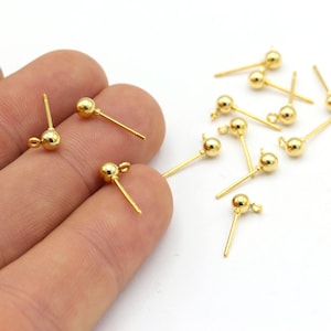 24k Shiny Gold Plated Ball Earrings , 10 Pcs ( 5 Pair ) Ball Earring Studs,Gold Push Back Studs , ( 4mm ) EAR-163