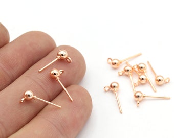 Rose Gold Plated Ball Earrings , 10 Pcs ( 5 Pair ) Ball Earring Studs, Rose Gold Push Back Studs , ( 4mm ) EAR-164