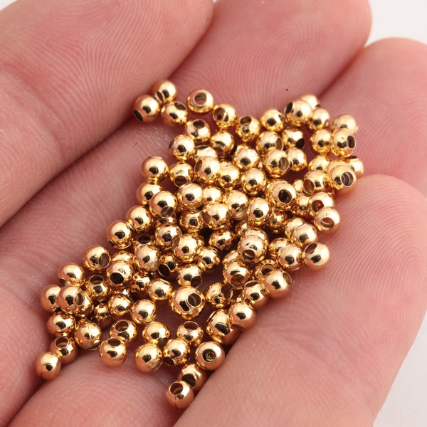 50 pezzi 3mm 24k perline d'oro lucido, perline distanziale, perline cave, perline minuscole, perline braccialetto, perline a sfera, risultati placcati in oro, GLD-284