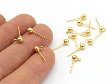 24k Shiny Gold Plated Ball Earrings , 4 Pcs ( 2 Pair ) Ball Earring Studs,Gold Push Back Studs , ( 4mm ) EAR-163