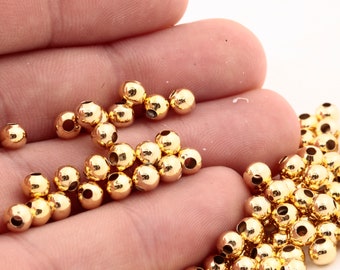 50 Pcs 5mm 24k Perles d'or brillant, perles Spacer, perles creuses, perles minuscules, perles bracelet, perles de boule, résultats plaqués d'or, GLD-265
