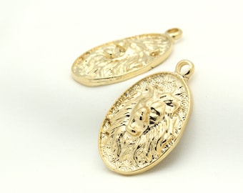 Shiny Gold Plated Lion Pendants , Lion Medallion , Medaliion Pendants , Necklace Findings ( 22x34mm ) GLD-416