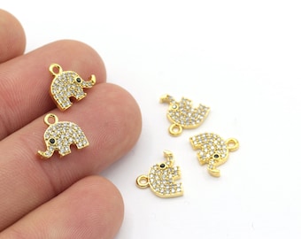 1 Pcs 10x12mm 24k Shiny Gold Elephant , Micro Pave Elephant Pendant, Cubic Zirconia Elephant , Elephant , Charms, Zirconia Charms , ZRK-423