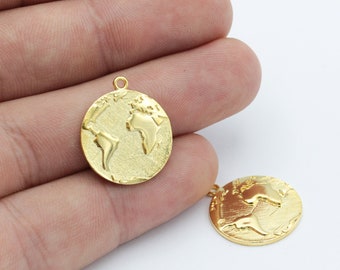 19x22mm 24k Shiny Gold World Map Pendant,Earth Pendant, World Map Charms, Traveler Pendant, Gold Plated Charms GLD-449