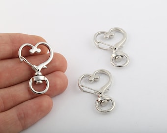 1 Pcs 24x35mm Rhodium Plated Key Chain Rings, Heart Shaped, Attached Chain ,Split Key Chain Rings, Heart Key Lobster Claps, SLVR-583