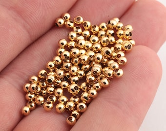 50 cuentas de oro brillante de 24 k de 3 mm, cuentas espaciadoras, cuentas huecas, cuentas pequeñas, cuentas para pulseras, cuentas redondas, accesorios chapados en oro, GLD-284
