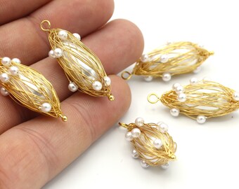 1 Pcs 24k Gold Plated synthetic pearl, Necklace pendant , Earring Findings,wire winding ( 15x35mm) GLD-373