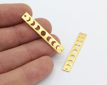 Rectangle Earring Charms 2 Pcs Rose Gold Plated Moon Phase Bar Charms RSGLD-315 2 Hole Hammared Moon Phase 6x40mm Moon Pendant Necklace