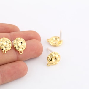 1 Pair 12x15mm 24k Shiny Gold Plated Hammered Round Earring Post , Earring Findings, Making Earring , Round Earring, Earring Post, EAR-363