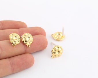 1 paio 12x15mm 24k placcato oro lucido martellato round orecchino Post, orecchini trovati, fare orecchini, orecchini rotondi, orecchini post, EAR-363