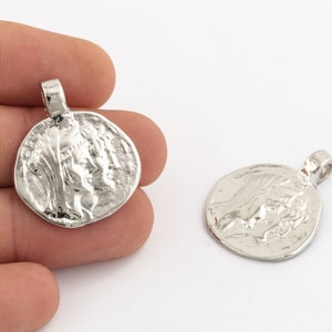 1 Pcs 27x32mm Rhodium Plated Greek Coins, Antique Greek Coins, Rhodium Medallion ,Rhodium Antique Charms ,Necklace Findings, SLVR-498