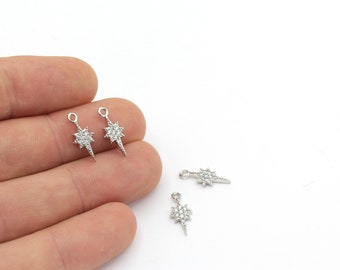 7x16mm Silver Plated North Star Charm, Micro Pave North Star Pendant, CZ North Star, Silver North Star, Zircon Charms, ZRK-439