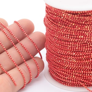 16.5 Feet 1.3mm Red Gold Brass Faceted Ball Chain, Red Chain - Ball Chains RNK-2