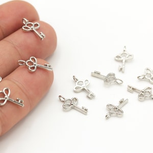 9x16mm Rhodium Plated Key Pendant, Rhodium Plated Key Charm, Tiny Key Charm, Mini Key Pendant, Lucky Charms, Rhodium Plated Charms, SLVR-214
