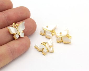 1 Pcs 16x19mm 24k Shine Gold Plated Butterfly, White Color Butterfly, Gold Butterfly, Butterfly Charms, Bracelet Connector, GLD-619