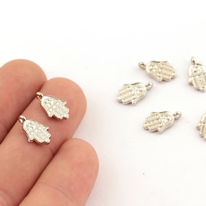 9x13mm Rhodium Plated Hamsa Charms , Rhodium Plated Fatima Hand, Rhodium Hamsa Jewelry Findings, Rhodium Plated Hamsa Pendant , SLVR-306