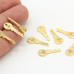 8x21mm CZ Micro Pave Gold Key Pendant, 24k Shiny Gold Plated Key Charms, Tiny Key Charms, CZ Lucky Charms, Gold Plated Charms,  ZRK-514