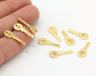 8x21mm CZ Micro Pave Gold Key Pendant, 24k Shiny Gold Plated Key Charms, Tiny Key Charms, CZ Lucky Charms, Gold Plated Charms,  ZRK-514