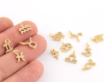 24k Shiny Gold Plated Cz Zodiac Signs Charms, Astrology Charms, Gold Cz Zodiac Charms, Horoscope Charms, Gold Plated ( 10mm ) ZRK-566