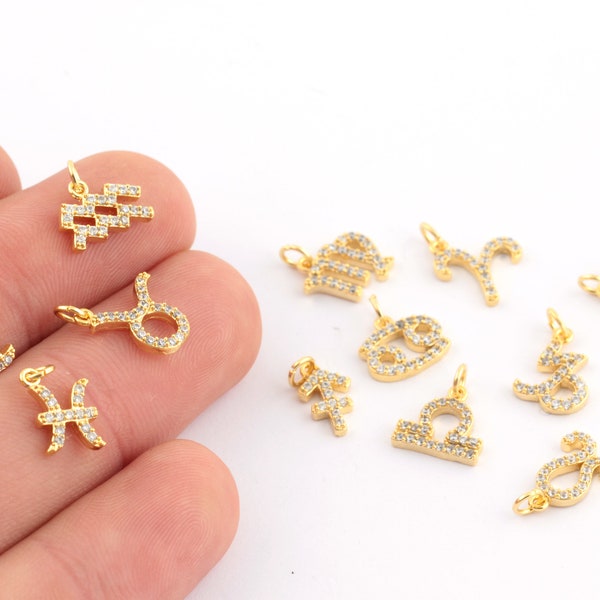 24k Shiny Gold Plated Cz Zodiac Signs Charms, Astrology Charms, Gold Cz Zodiac Charms, Horoscope Charms, Gold Plated ( 10mm ) ZRK-566