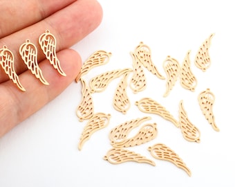 7x22mm 24k glanzend goud vergulde engel vleugel charme, hanger, gouden engel vleugel charme, veren charme, veer hanger,-GLD-70