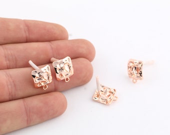 1 Pair 12x15mm Rose Gold Plated Hammered Square Earring Post , Earring Findings, Making Earring , Square Earring, Earring Post, EAR-377