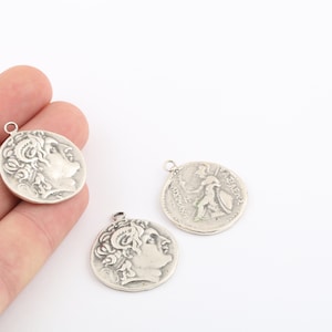 1 Pcs 27x31mm Antique Silver Greek Coins, Antique Greek Coins, Antique Silver Medallion, Medallion Charms,Necklace Findings, ANT-26