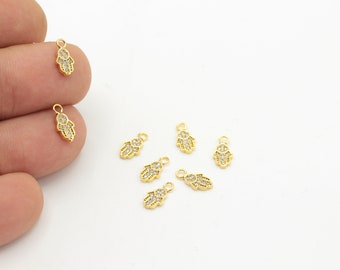 Colgante Hamsa chapado en oro de 24k, conector de pulsera, amuletos de hamsa CZ, jamón de micro pava, medallón, CZ Charms 5x11mm, ZRK-483