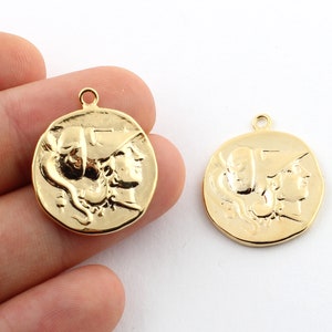 24k Shine Gold Plated Greek Coins , Antique Greek Coins , Medallion ,Gold Plated Charms , Charms Pendant ,Necklace Findings , 16x20mm-GLD-64