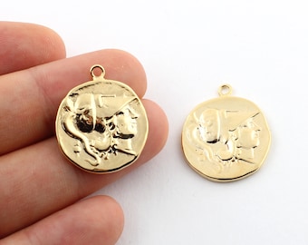 24k Shine Gold Plated Greek Coins , Antique Greek Coins , Medallion ,Gold Plated Charms , Charms Pendant ,Necklace Findings , 16x20mm-GLD-64