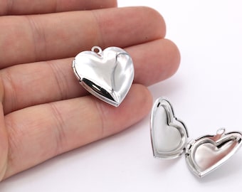 Silver Plated Heart Locket Charms, Personalized Necklace ( 23x25 mm ) , SLVR-146