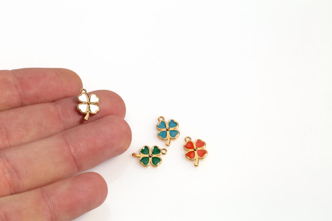 24k Gold Plated Four Leaf Clover Charm, Enamel Lucky Pendant for DIY ...