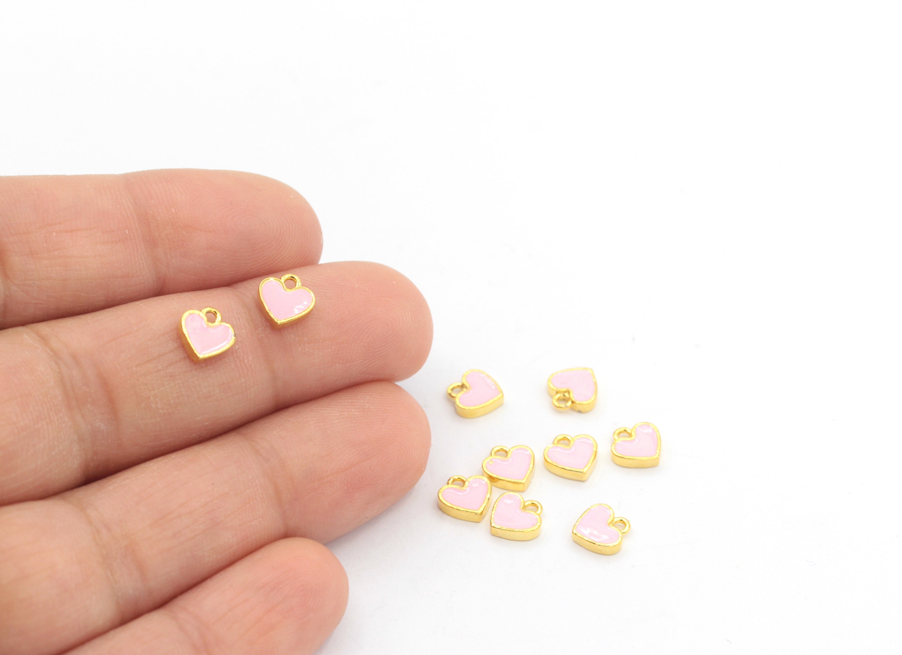 6 mm 24k Shiny Gold Heart, Pink Enameled Pendant, Mini Hearts Charms, Heart Pendant, Tiny Hearts Pendant, Gold Plated Findings  GLD-778