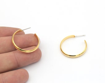 Pendientes de aro chapados en oro brillante de 29 mm y 24 k, pendientes de círculo colgante, pendientes de aro, pendientes de latón, pendientes de perno, hallazgos de pendientes, EAR-452