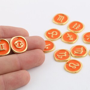 17mm 24k Shiny Gold Plated Zodiac Charms,Astrology Charms,Gold Plated Zodiac Charms, Orange Enamel Horoscope, Mini Zodiac Charms, GLD-987